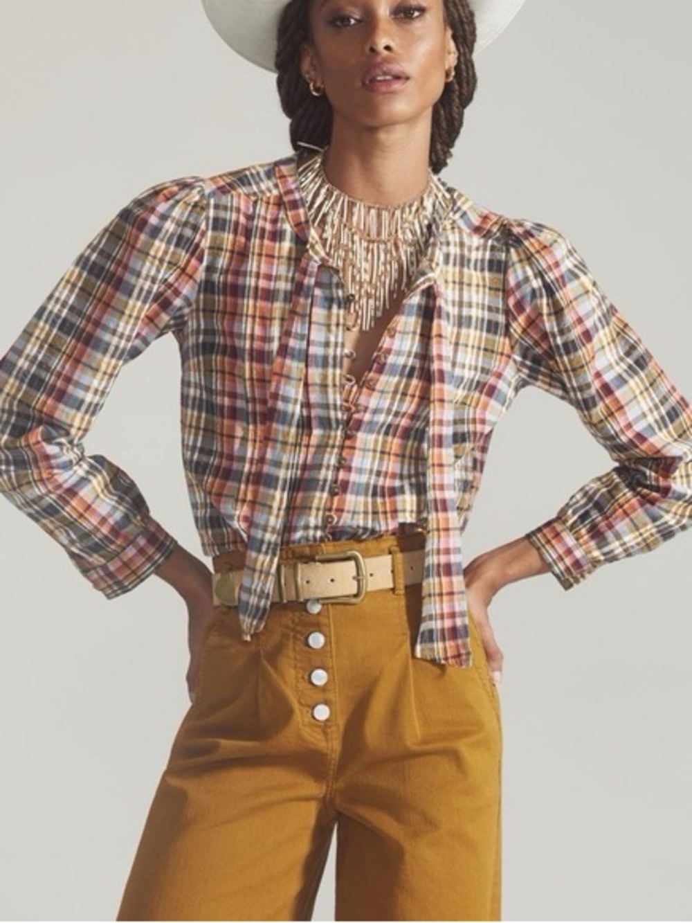 Pilcro Anthropologie plaid Tie-Neck Button Front Women’s Top in Multicolor S